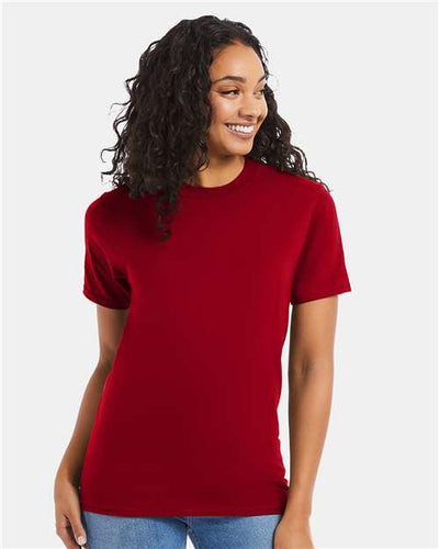 Hanes 5180 Deep Red — on model front