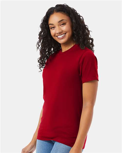 Hanes 5180 Deep Red — on model side