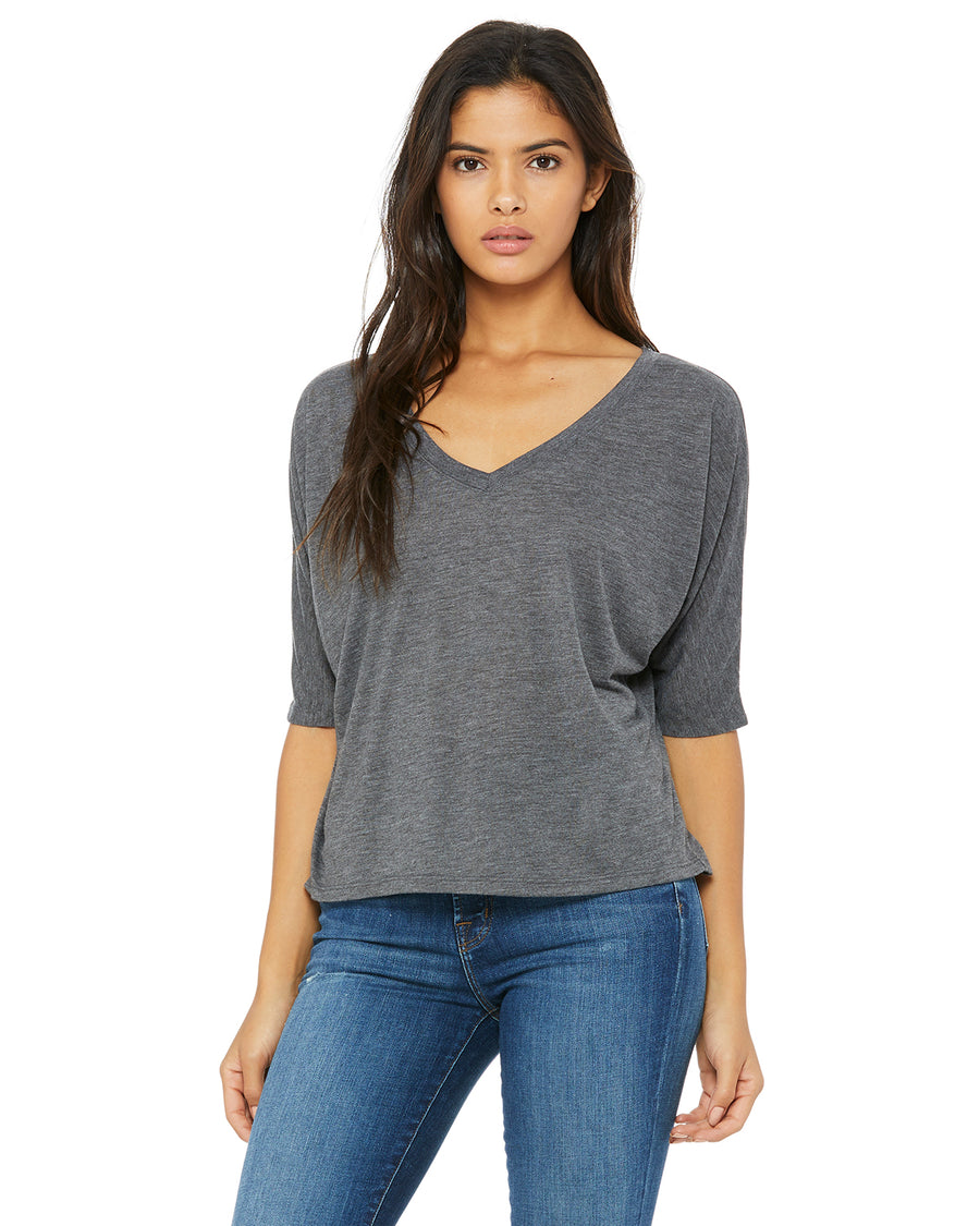 Women's Flowy Boxy Half-Sleeve V-Neck T-Shirt - Heather Dark Gray