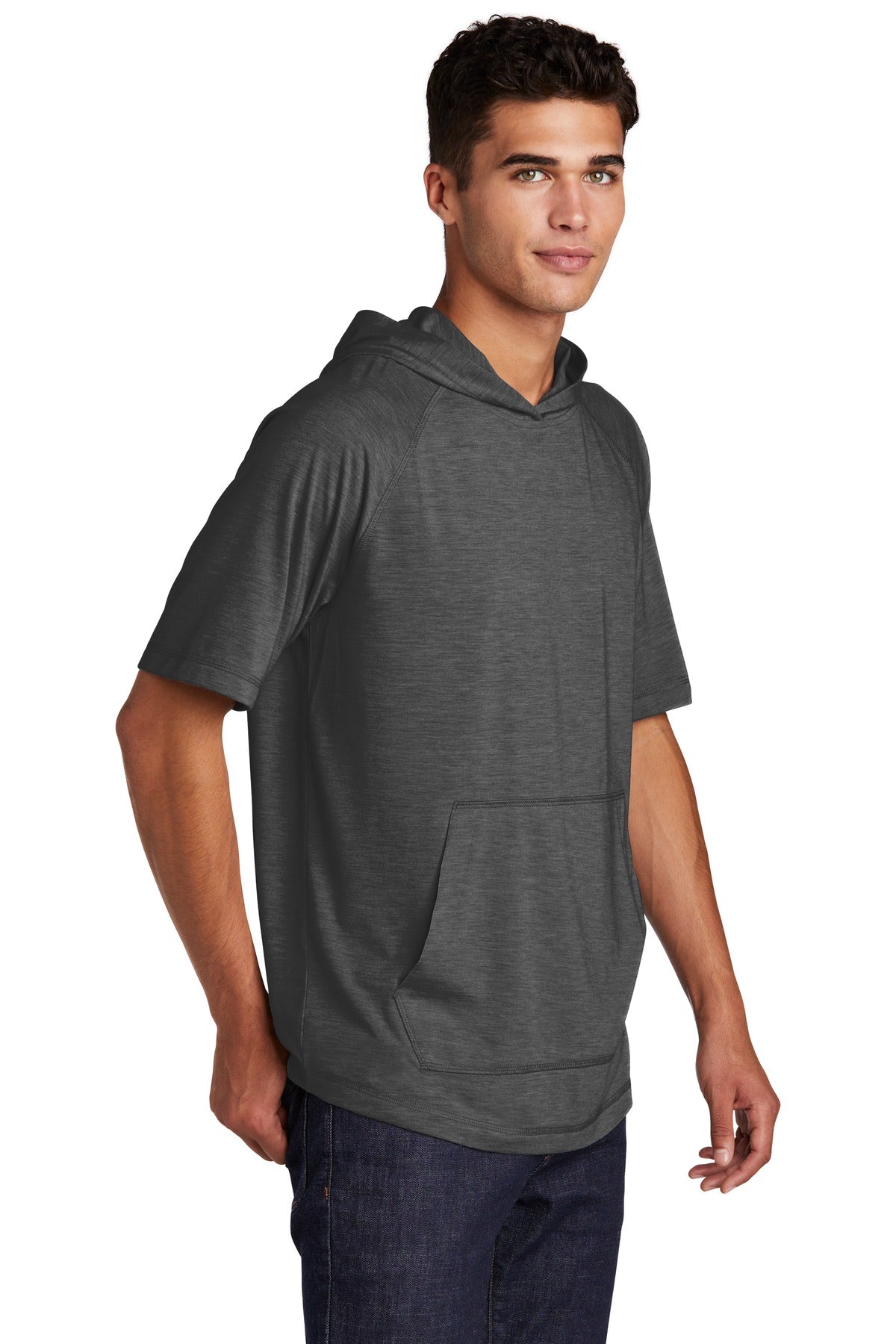 Unisex PosiCharge Tri-Blend Wicking Short Sleeve Hoodie - Dark Gray Heather