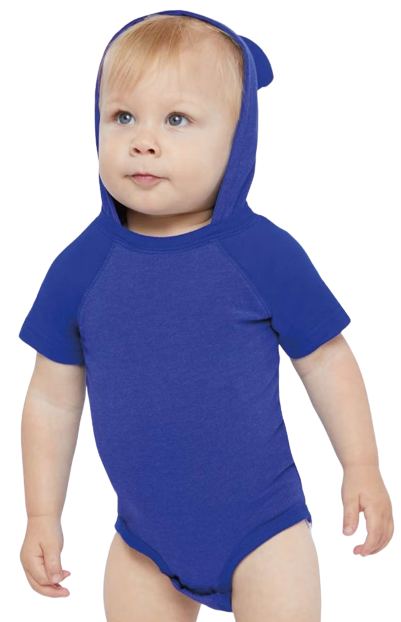 Fine Jersey Infant Short Sleeve Raglan Bodysuit with Hood & Ears - Vintage Royal / Royal