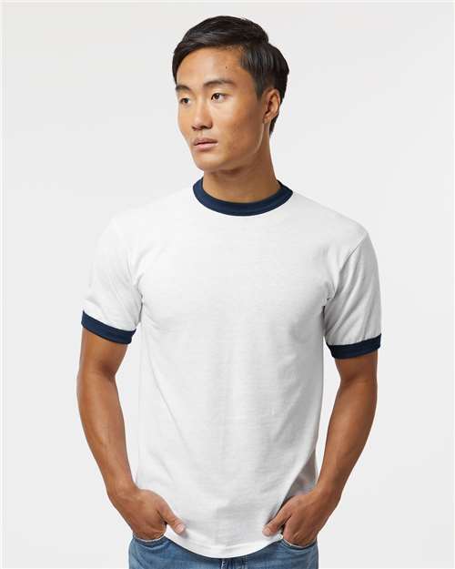 Augusta Sportswear 710 White/ Navy — on model front