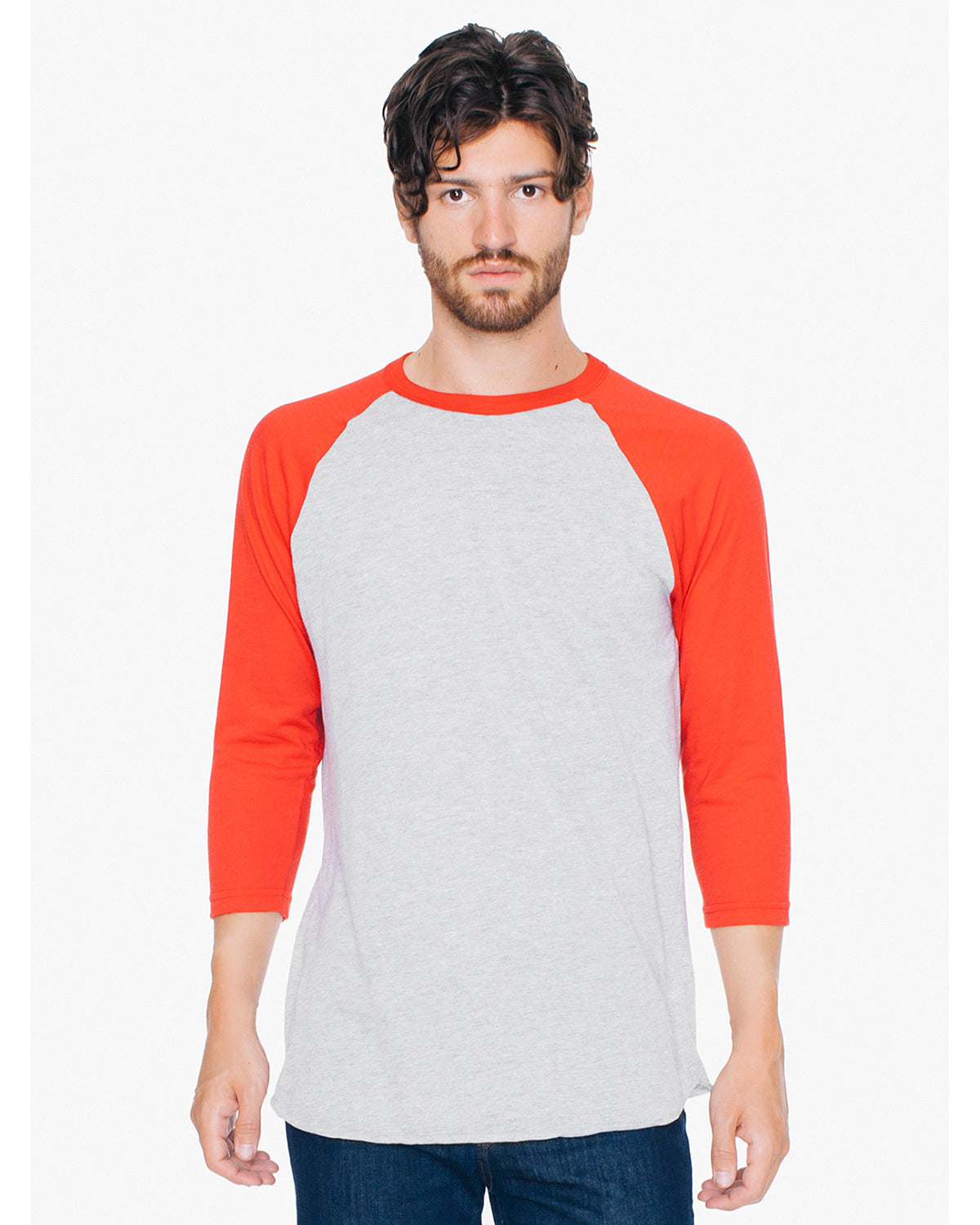 Unisex Poly-Cotton 3/4-Sleeve Raglan T-Shirt - Heather Gray / Red