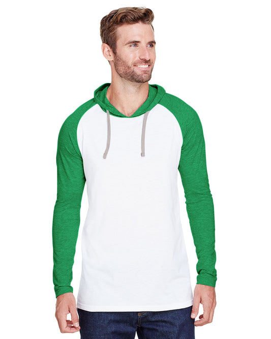 Men's Hooded Raglan Long Sleeve Fine Jersey T-Shirt - B White / Vintage Green/ Ttn