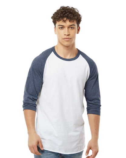 Unisex Fine Jersey Raglan Tee - White / Heather Denim