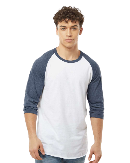 Unisex Fine Jersey Raglan Tee - White / Heather Denim