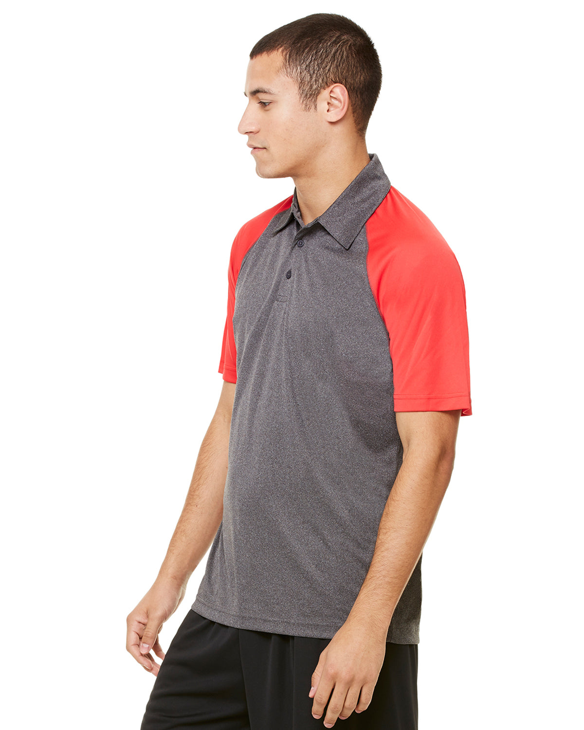 Unisex Performance Three-Button Raglan Polo - Dark Gray Heather / Sport Red