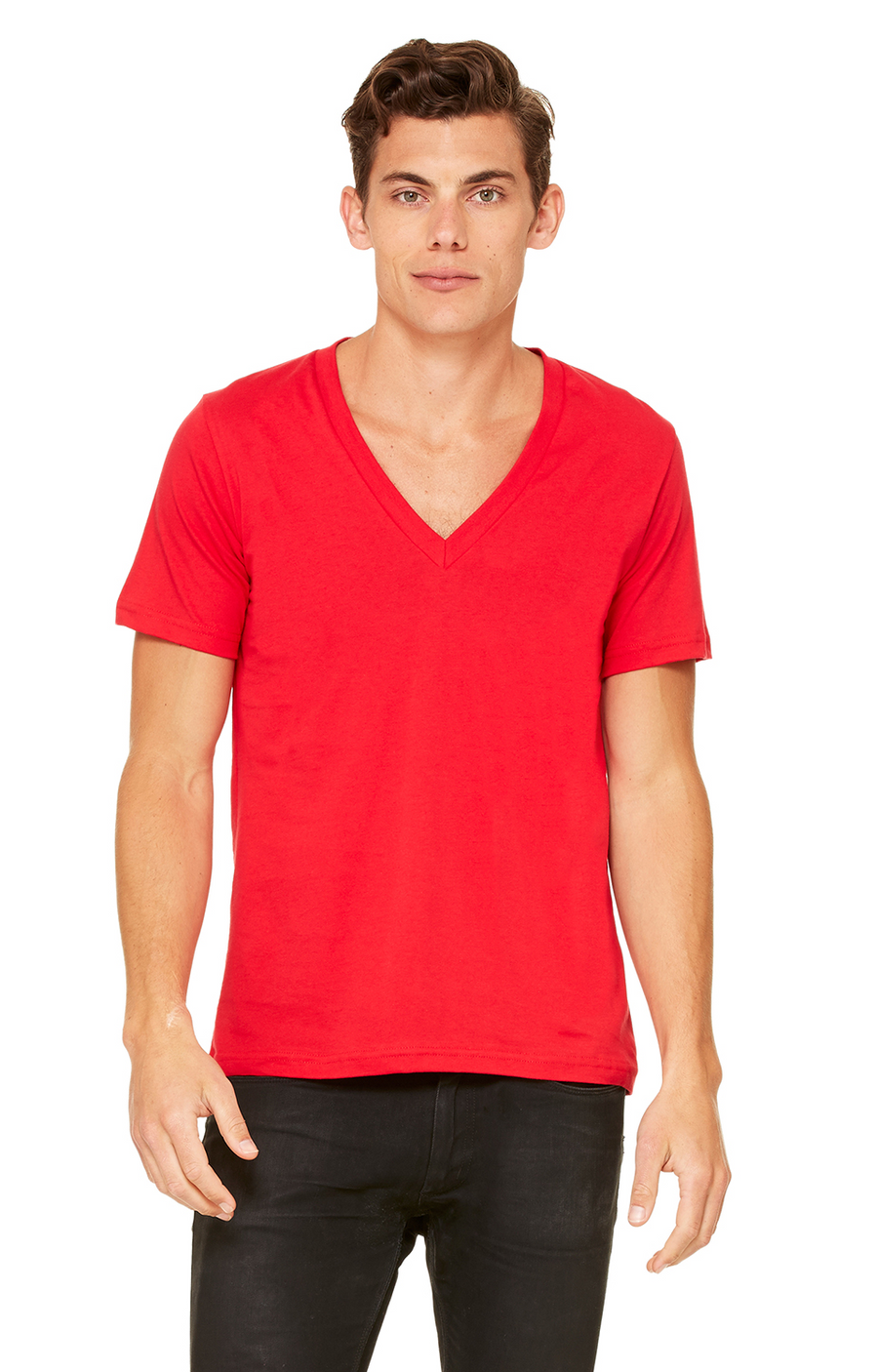 Unisex Deep V-Neck Jersey Tee - Red