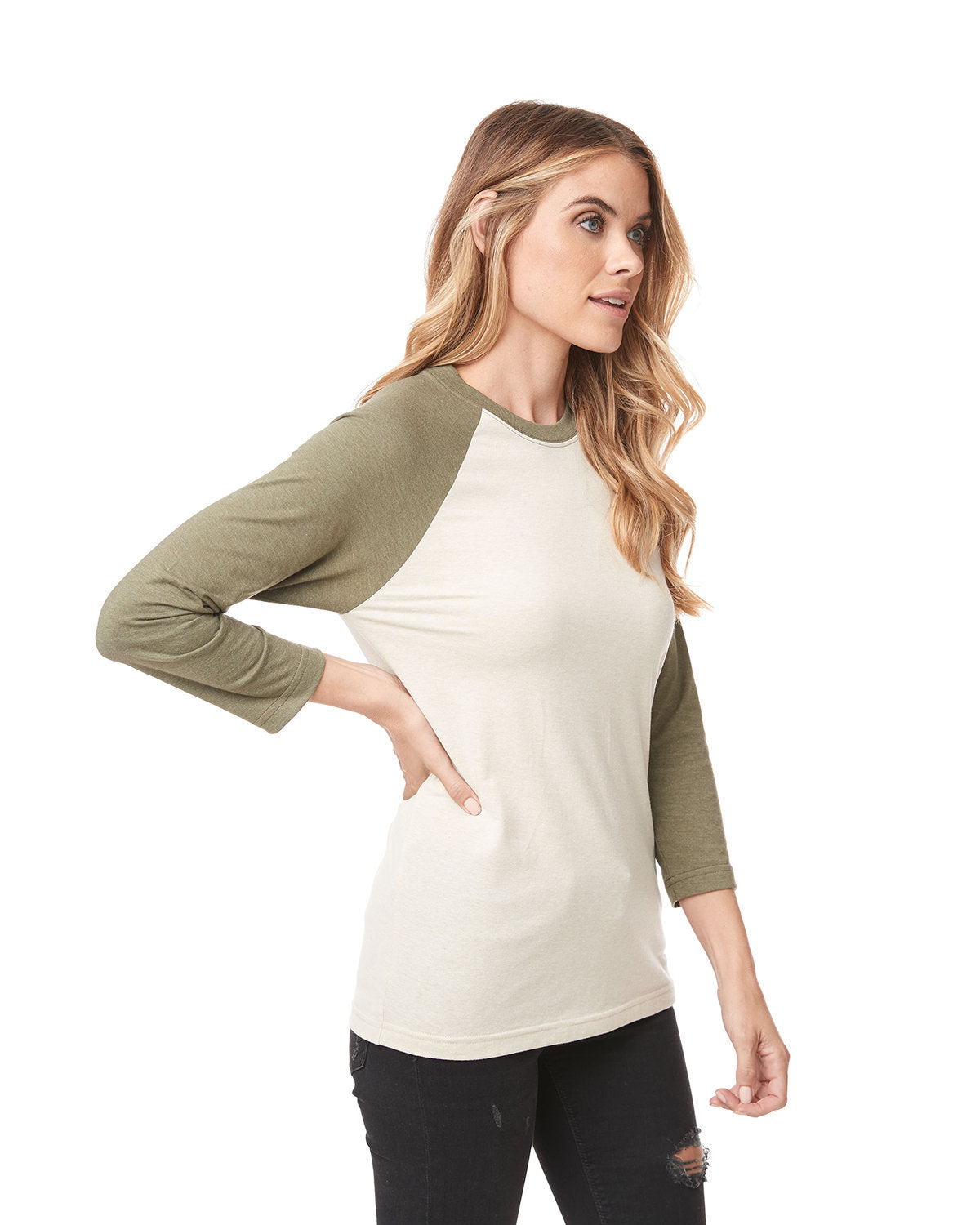 Unisex CVC 3/4 Sleeve Raglan Baseball T-Shirt - Miltry Green / Crm