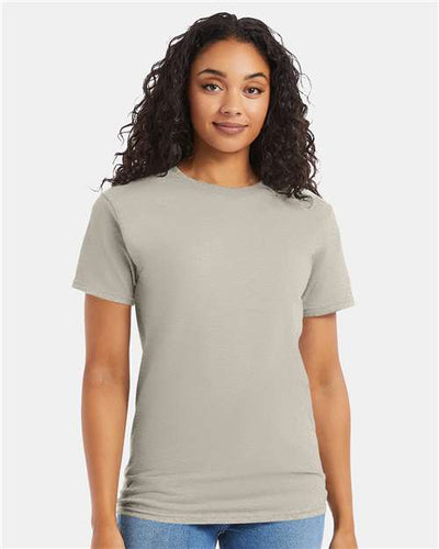 Hanes 5280 Sand — on model front