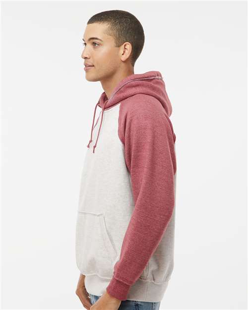 J. America 8885 Oatmeal Heather/ Simply Red Heather — on model side