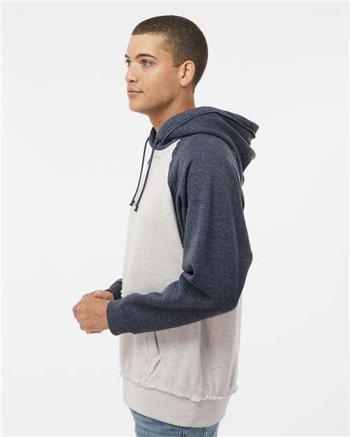 J. America 8885 Oatmeal Heather/ Vintage Navy Heather — on model side