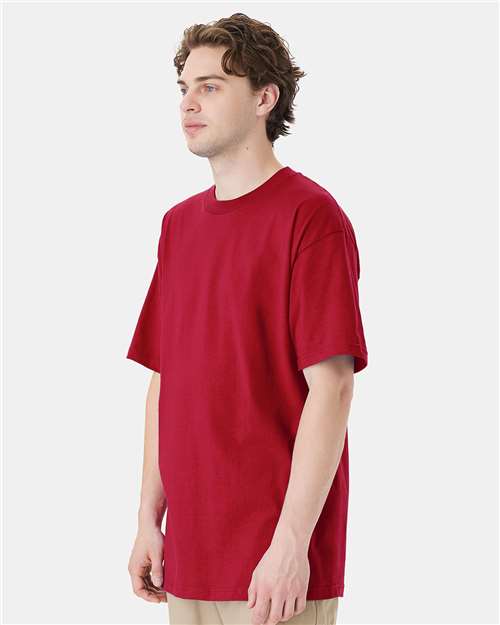 Hanes 518T Deep Red — on model side