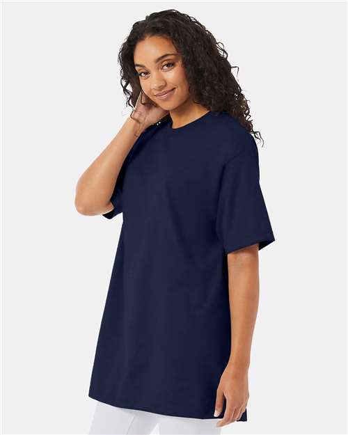 Hanes 518T Navy — on model side