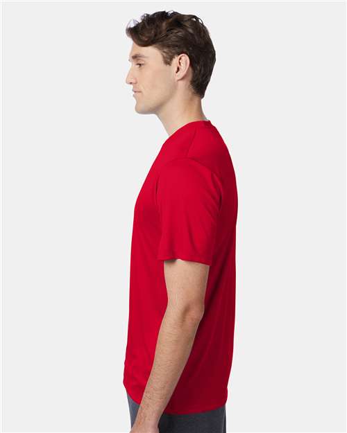 Hanes 4820 Deep Red — on model side