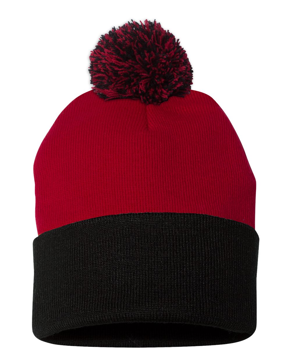 Pom-Pom 12" Knit Beanie - Red / Black