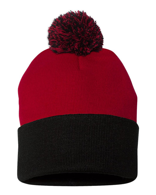 Pom-Pom 12" Knit Beanie - Red / Black