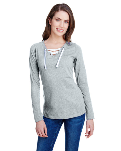 Women's Long Sleeve Fine Jersey Lace-Up T-Shirt - Vintage Heather / White