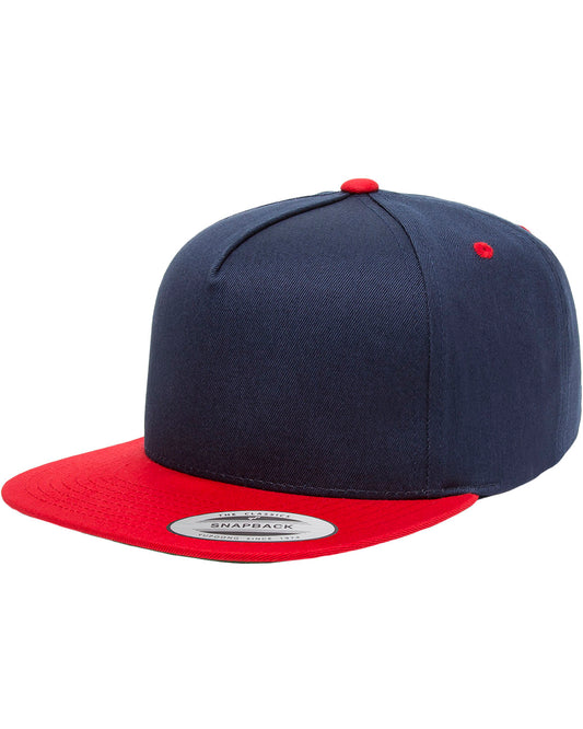 Unisex 5-Panel Cotton Twill Snapback Cap - Navy / Red
