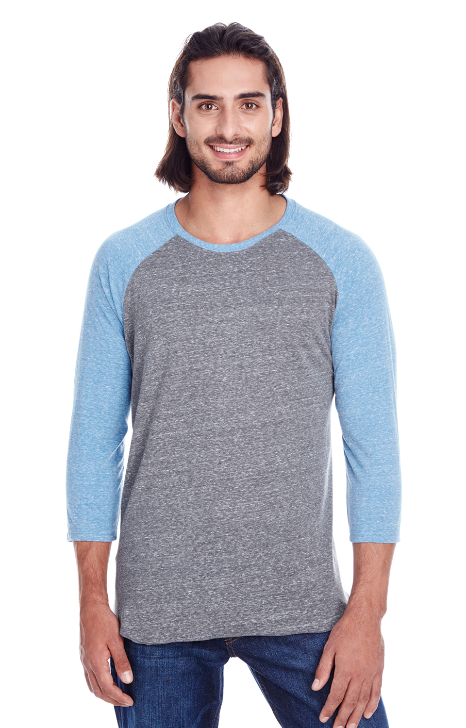 Unisex Triblend 3/4-Sleeve Raglan - Gray / Royal Triblend