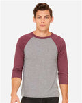 BELLA + CANVAS 3200 Grey/ Maroon Triblend — on model front