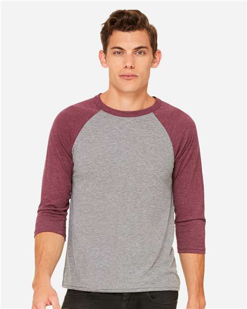 BELLA + CANVAS 3200 Grey/ Maroon Triblend — on model front