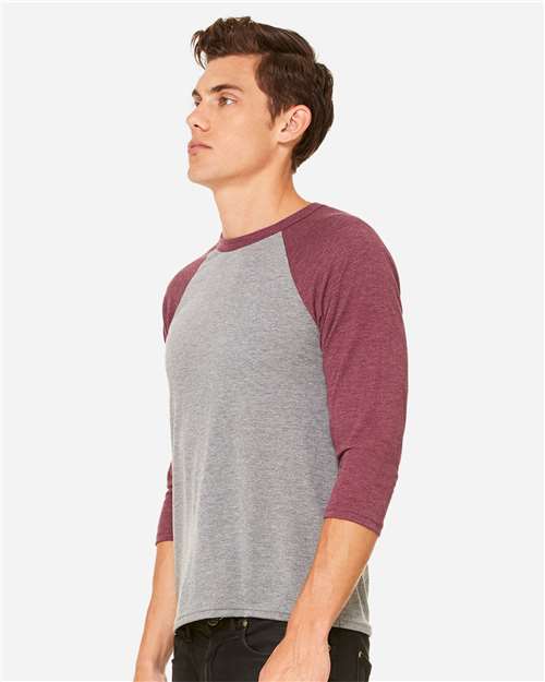 BELLA + CANVAS 3200 Grey/ Maroon Triblend — on model side