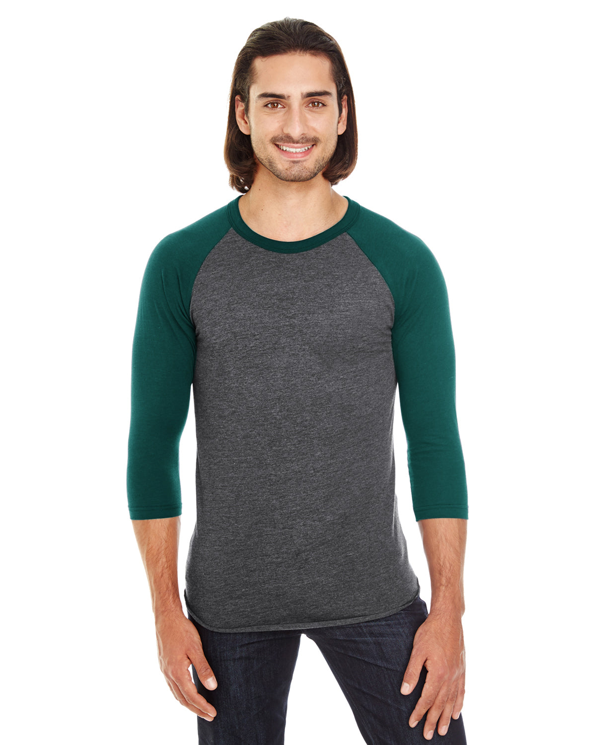 Unisex Poly-Cotton 3/4-Sleeve Raglan T-Shirt - Heather Black / Forest