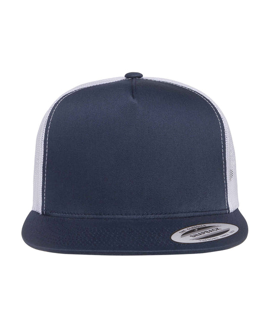 Unisex 5-Panel Flat Bill Trucker Cap - Navy / White