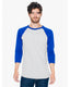 American Apparel BB453W - Unisex Poly-Cotton 3/4-Sleeve Raglan T-Shirt - Heather Gray / Lapis