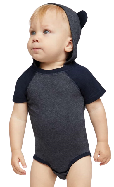 Fine Jersey Infant Short Sleeve Raglan Bodysuit with Hood & Ears - Vintage Navy / Navy