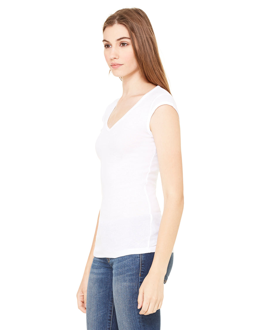 Women's Sheer Mini Rib Cap-Sleeve Deep V-Neck T-Shirt - White