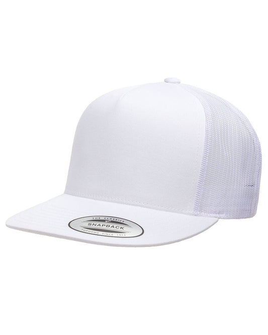 Unisex 5-Panel Flat Bill Trucker Cap - White