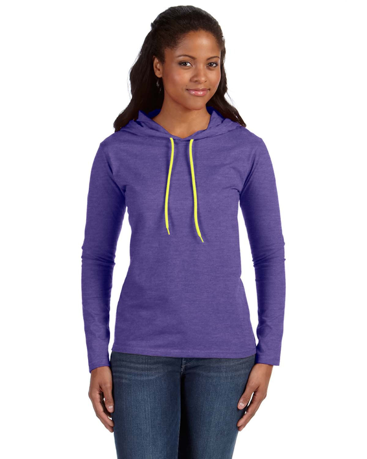 Women's Lightweight Long-Sleeve Hooded T-Shirt - Heather Purple / Neon Yellow