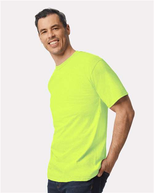 Gildan 2000T Safety Green — on model side