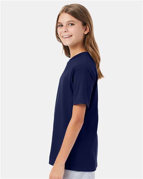 Hanes 498Y Navy — on model side