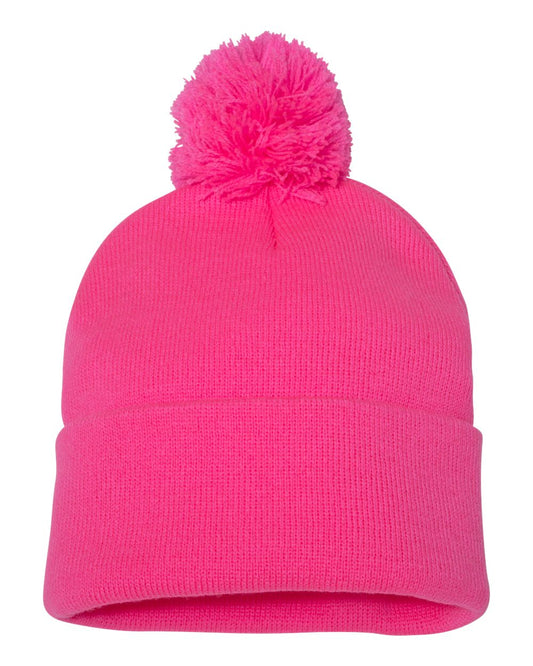 Pom-Pom 12" Knit Beanie - Neon Pink