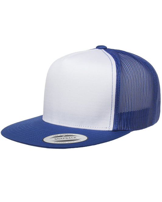 Unisex Classic Flat Bill Trucker with White Front Panel Cap - White / Royal