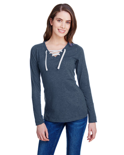 Women's Long Sleeve Fine Jersey Lace-Up T-Shirt - Vintage Navy / White