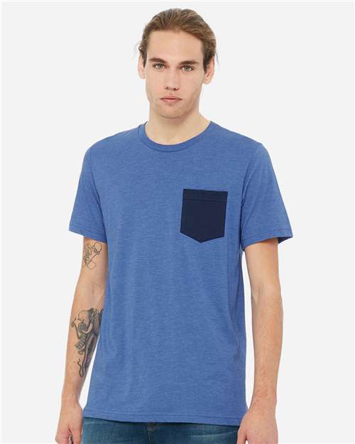 BELLA + CANVAS 3021 Heather True Royal/ Navy — on model front