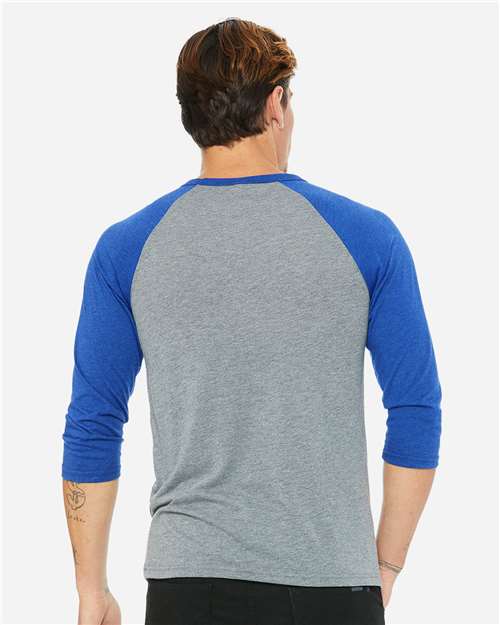 BELLA + CANVAS 3200 Grey/ True Royal Triblend — on model back