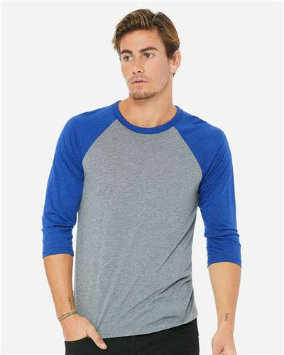BELLA + CANVAS 3200 Grey/ True Royal Triblend — on model front