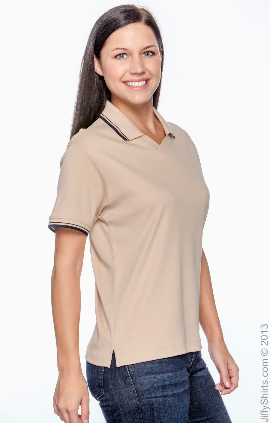 Women's Tipped Perfect Pima Interlock Polo - Stone / Navy