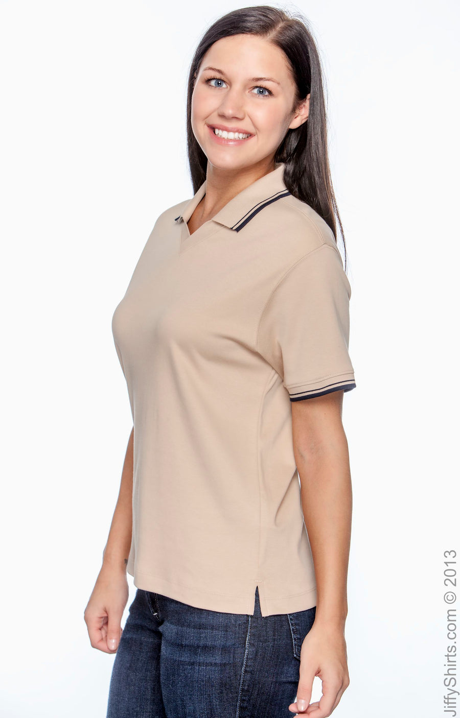 Women's Tipped Perfect Pima Interlock Polo - Stone / Navy