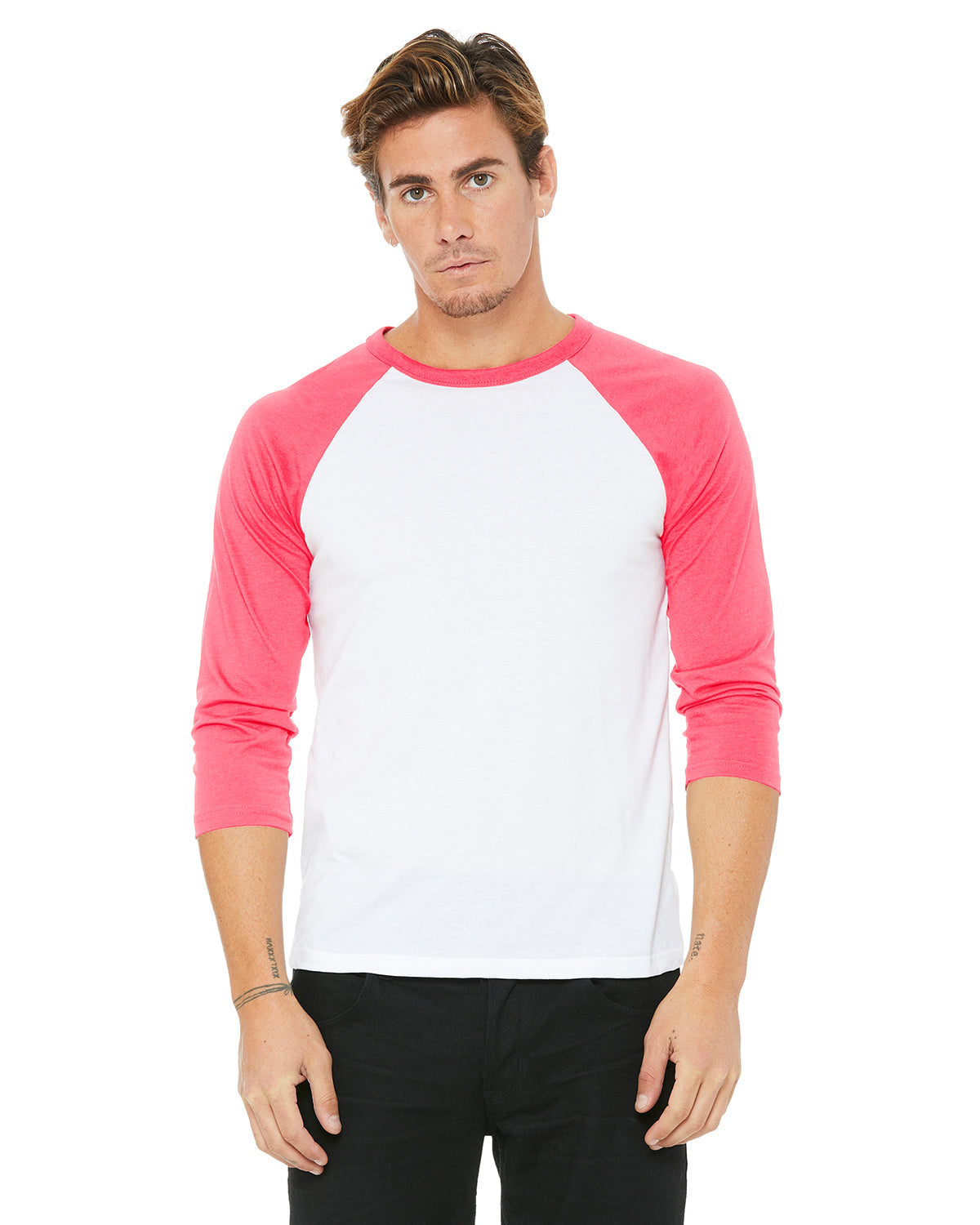 Unisex 3/4-Sleeve Baseball T-Shirt - White / Neon Pink
