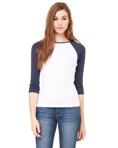 Women's Baby Rib 3/4-Sleeve Contrast Raglan T-Shirt - White / Navy