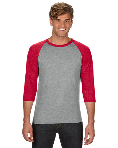 Unisex Triblend 3/4-Sleeve Raglan T-Shirt - Heather Gray / Heather Red