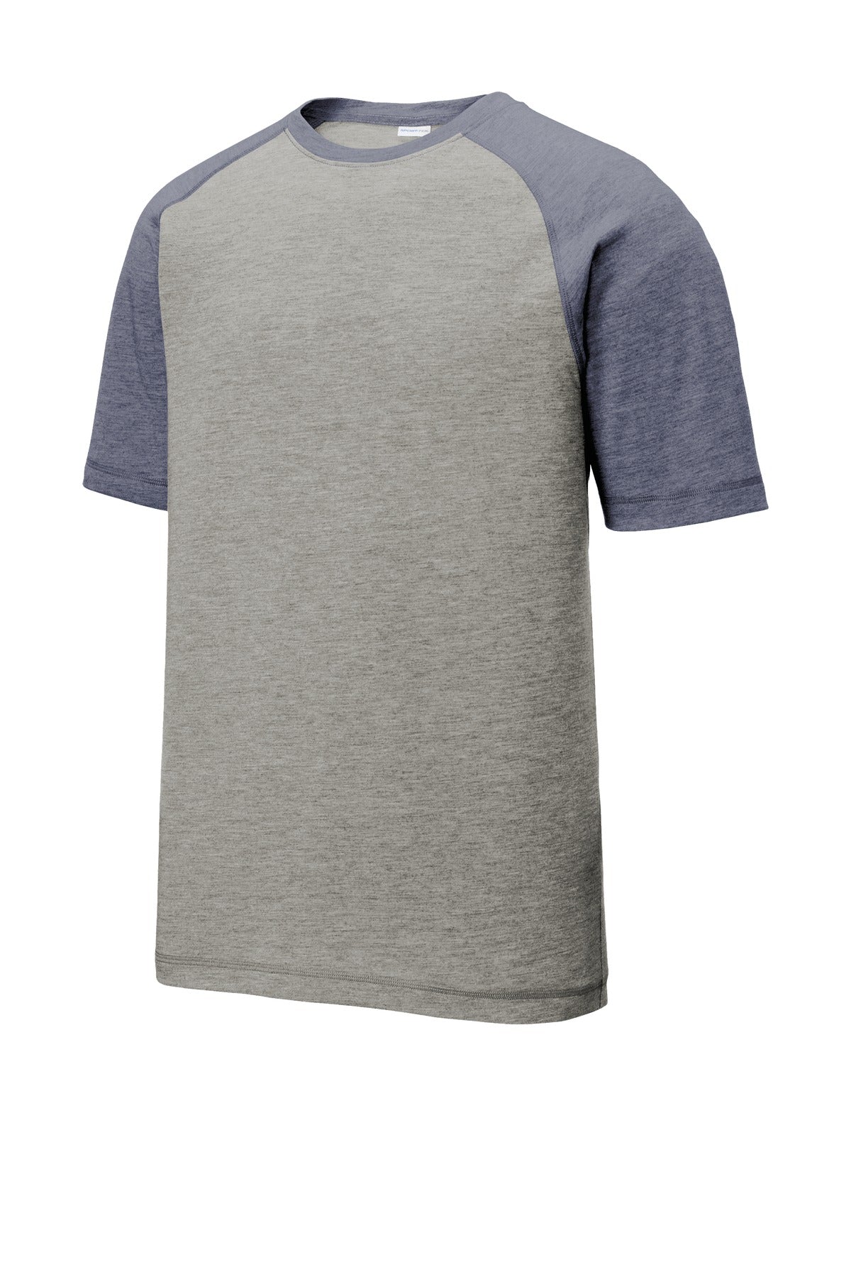 Unisex PosiCharge Tri-Blend Wicking Raglan Tee - True Navy Heather / Light Gray Heather
