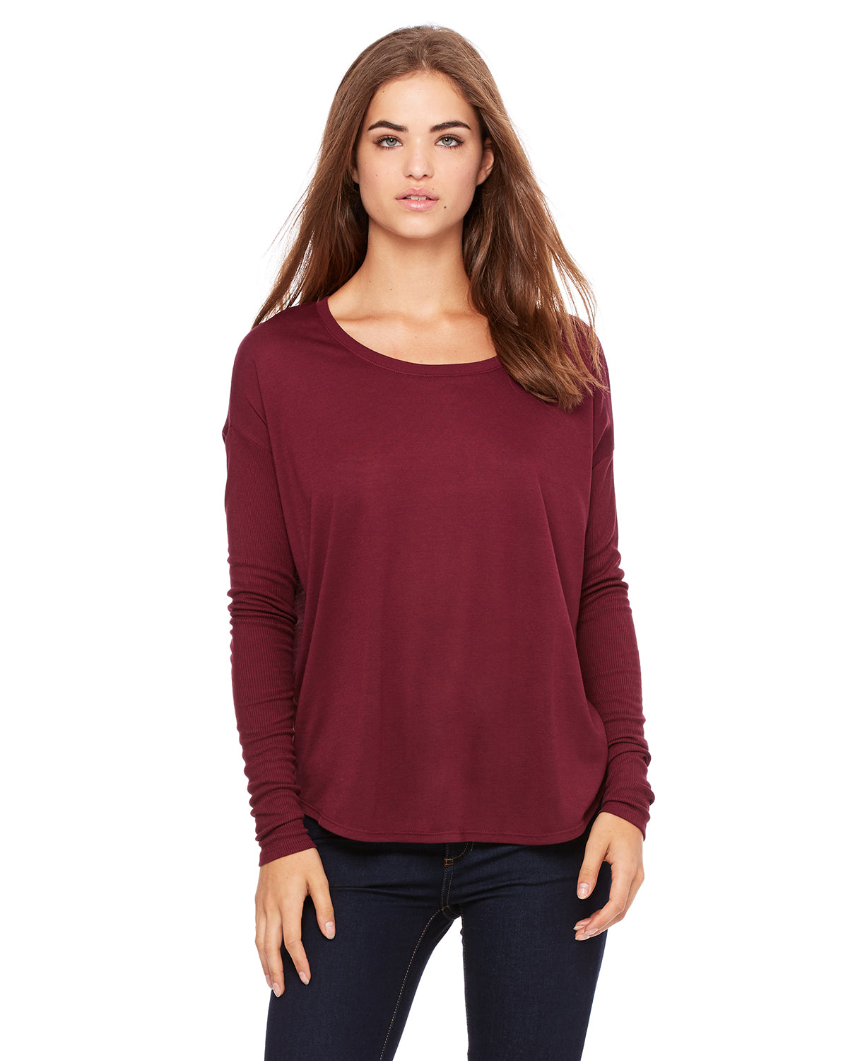Women's Flowy Long-Sleeve T-Shirt with 2x1 Sleeves - Maroon
