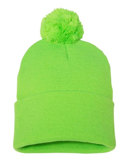 Pom-Pom 12" Knit Beanie - Neon Green